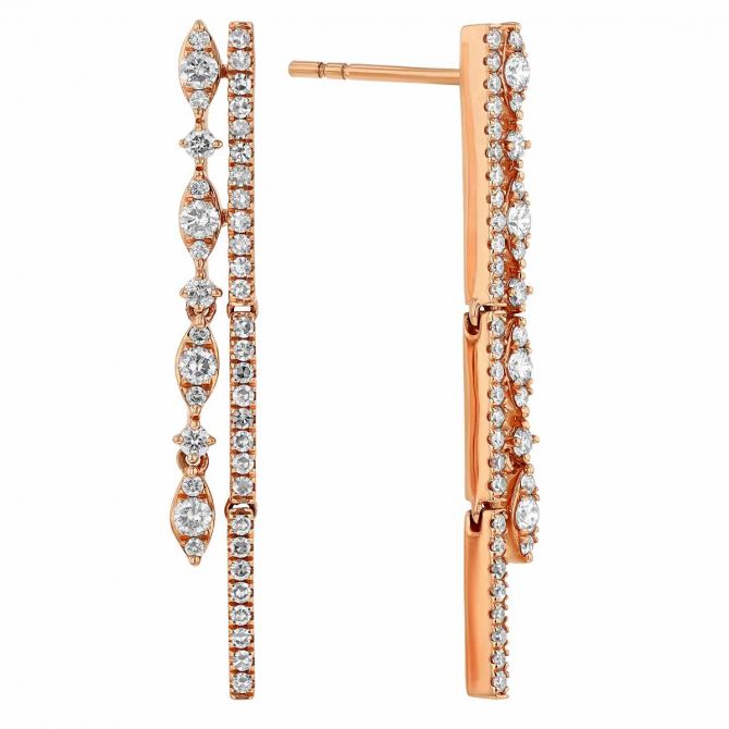 Diamond Vertical Bar & Marquise Pattern Double Drop Earrings in Rose Gold