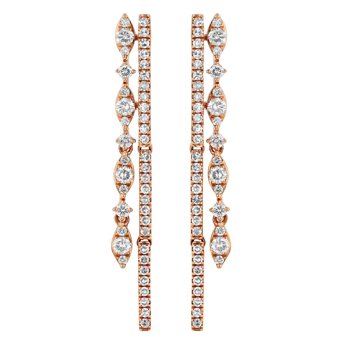 Diamond Vertical Bar & Marquise Pattern Double Drop Earrings in Rose Gold