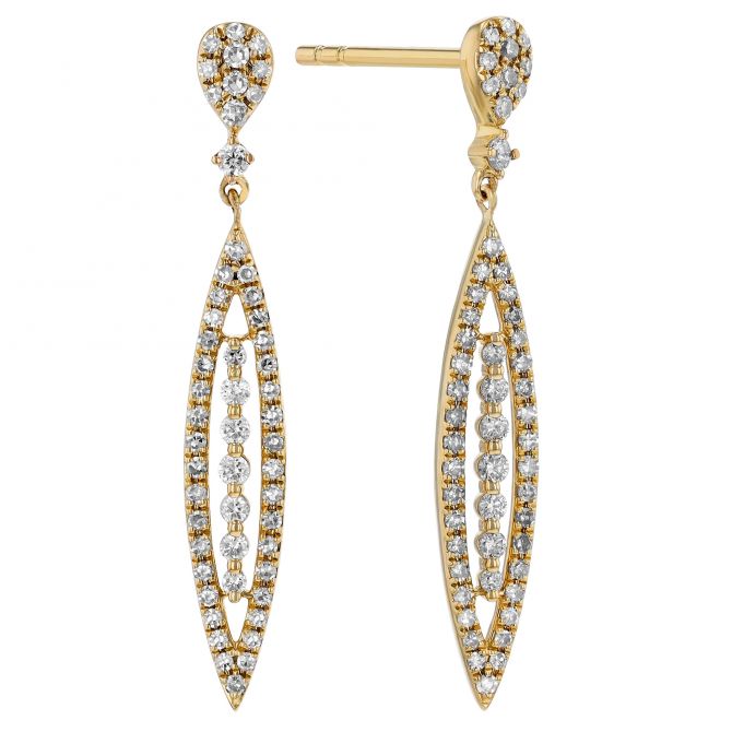 Diamond Marquise Shape Outline & Vertical Column Dangle Earrings in Yellow Gold