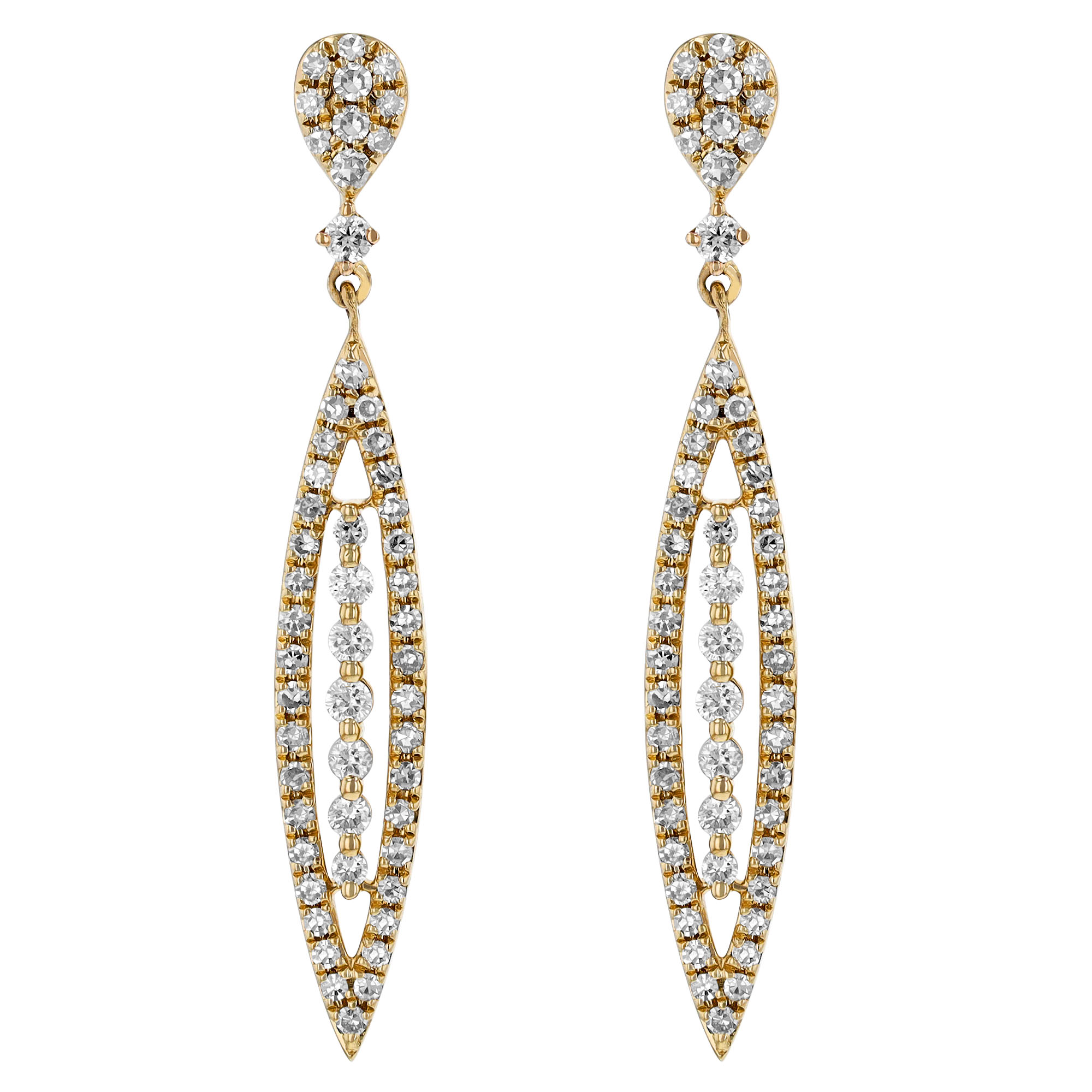 Diamond Marquise Shape Outline & Vertical Column Dangle Earrings in Yellow Gold
