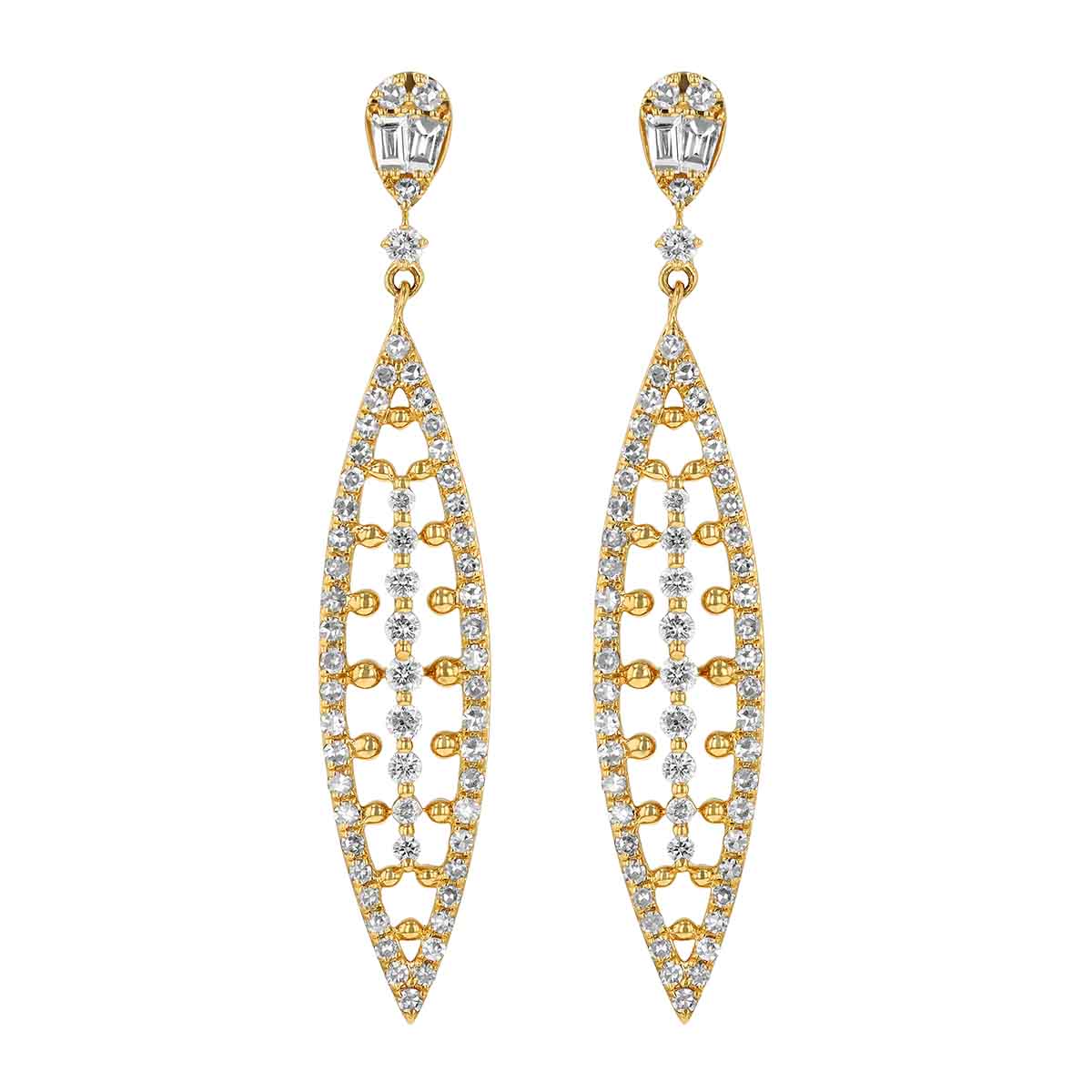 Diamond & Beaded Marquise Shaped Dangle Earrings in Yellow Gold