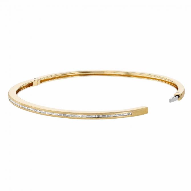 Baguette Diamond Channel Set Hinged Bangle Bracelet in Yellow Gold