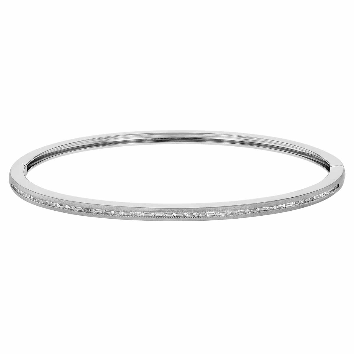 Baguette Diamond Channel Set Hinged Bangle Bracelet in White Gold