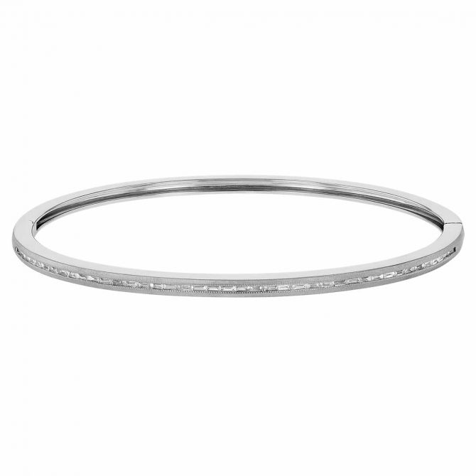 Baguette Diamond Channel Set Hinged Bangle Bracelet in White Gold