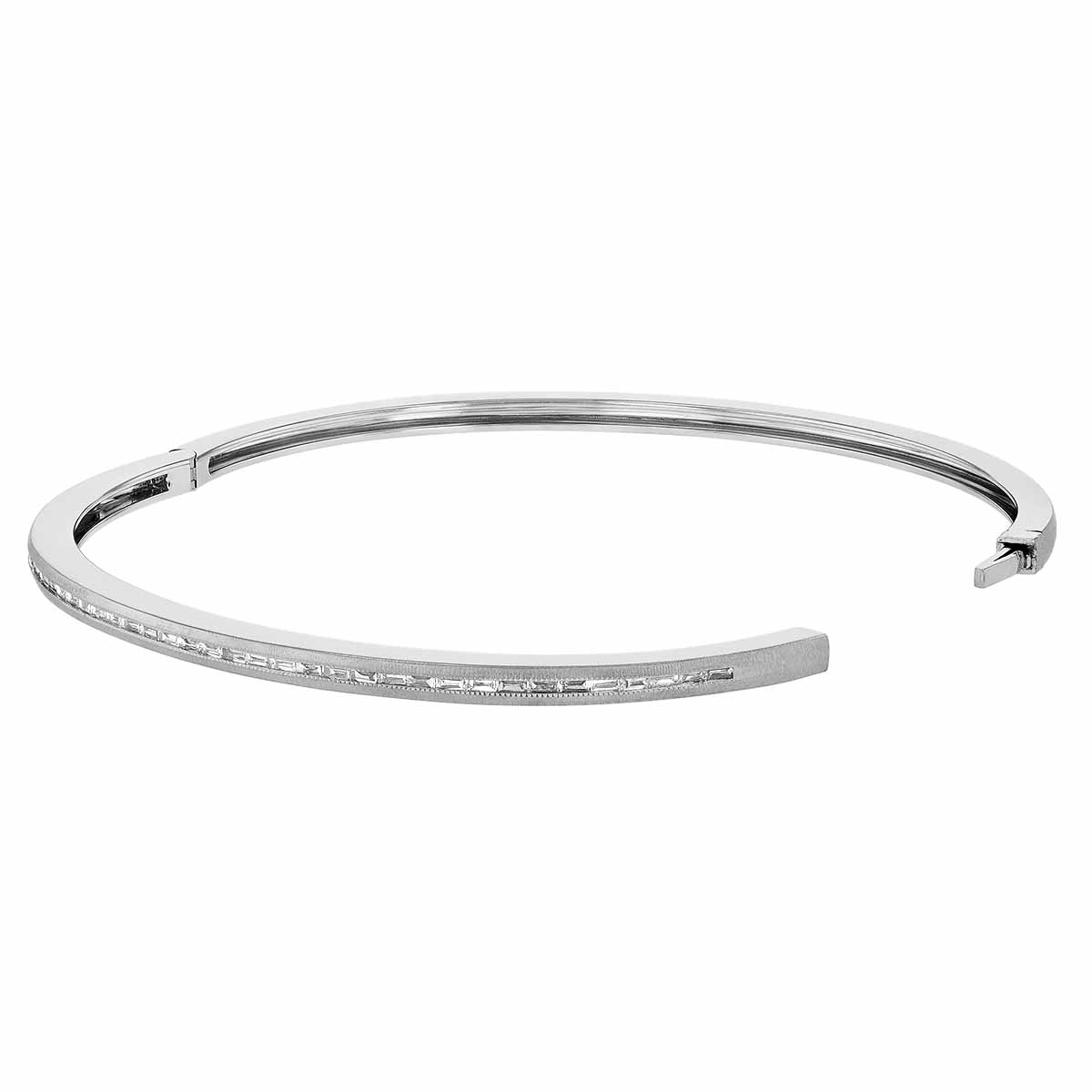 Baguette Diamond Channel Set Hinged Bangle Bracelet in White Gold