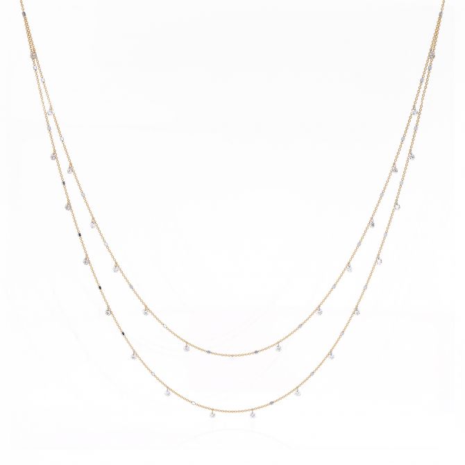 Aresa Diamond Fringe Double Strand Necklace in Yellow Gold, 18"