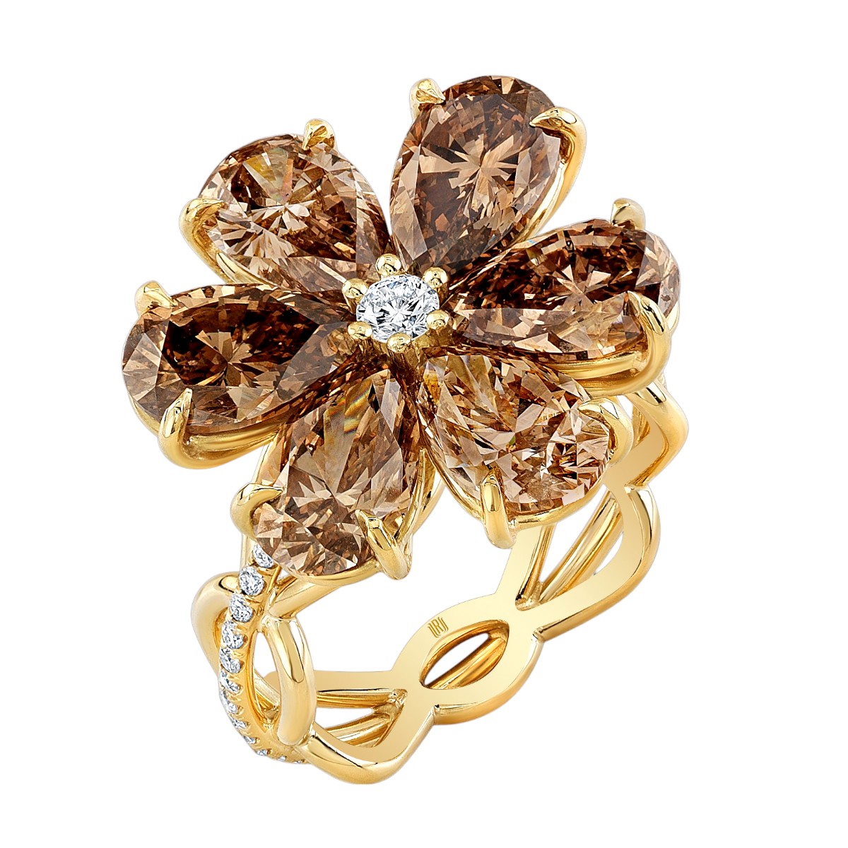 Rahaminov Pear Shape Brown Diamond Flower Ring with White Diamond Accents in Yellow Gold