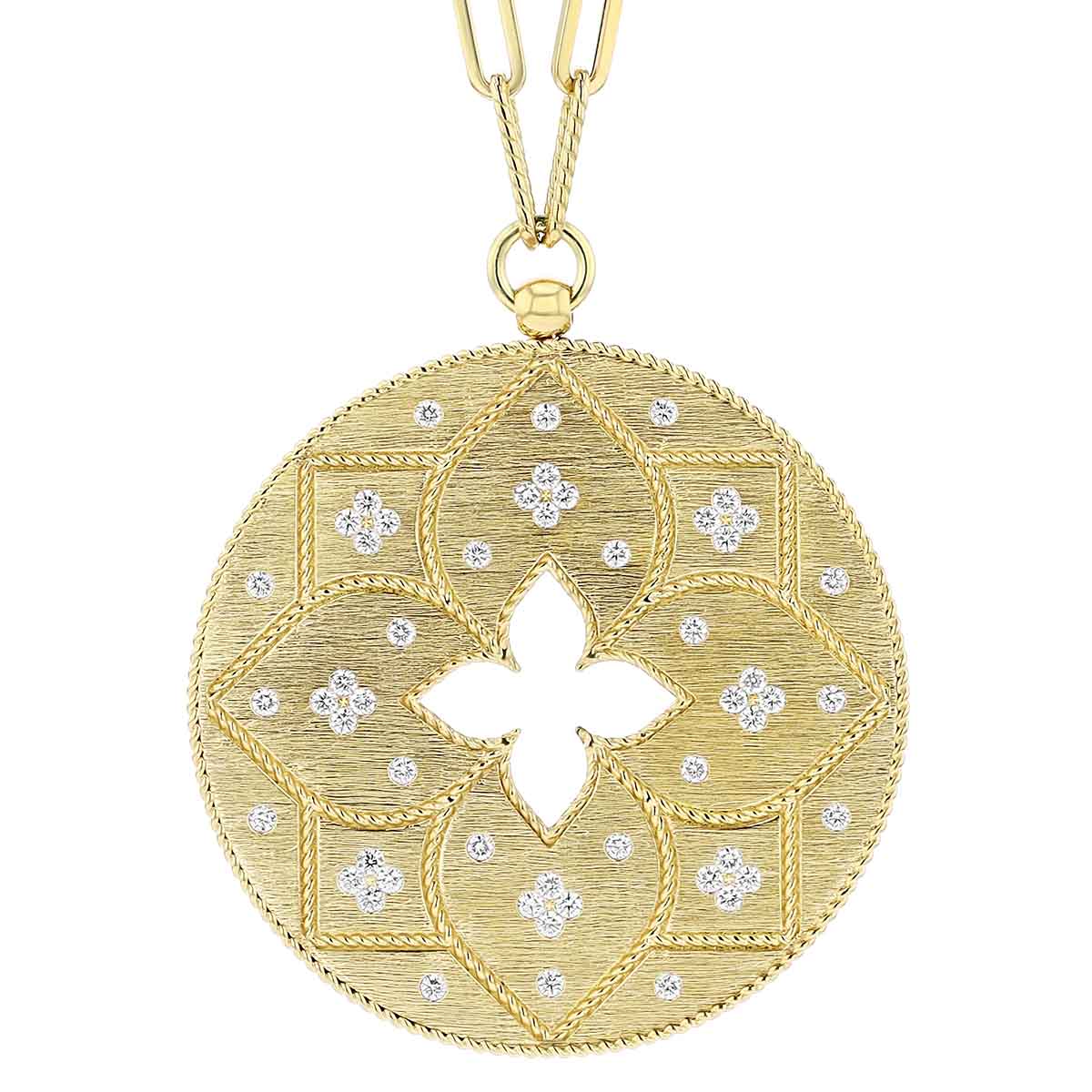 Roberto Coin Venetian Princess Satin Yellow Gold Disc Pendant with Diamonds & Paperclip Chain, 32