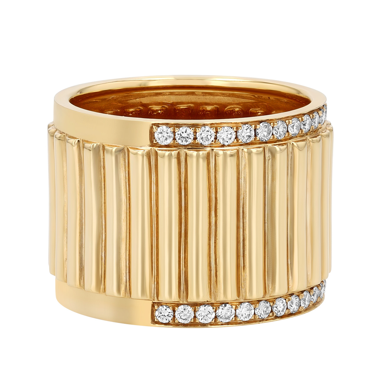 Doves Diamond Ridged Wide Band Ring in Yellow Gold