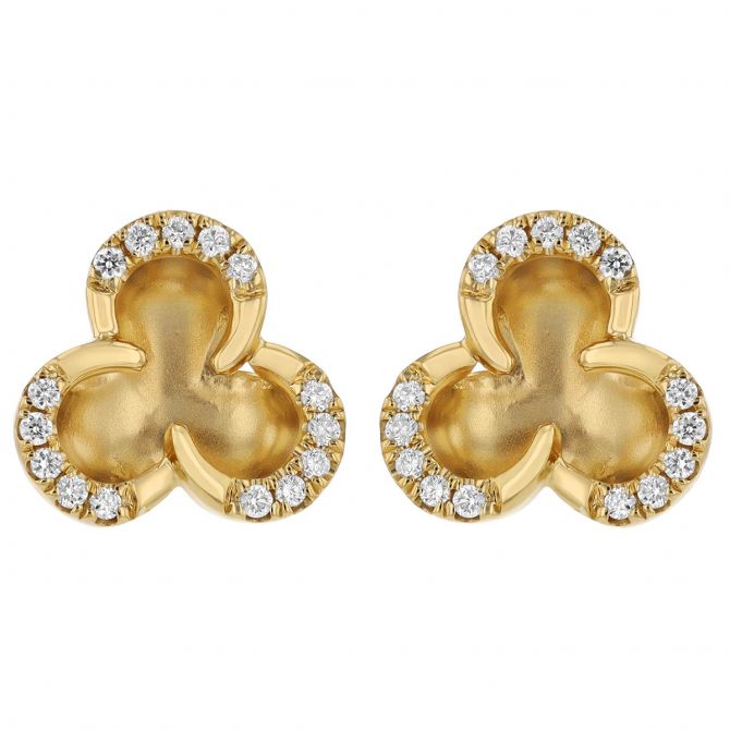 Diamond Outline 3 Petal Stud Earrings in Yellow Gold