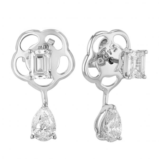 Zydo Hope Emerald Cut & Pear Shaped Diamond Duo Drop Earrings in White Gold