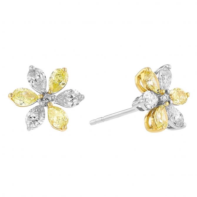 Frederic Sage Pear Shaped Yellow & White Diamond Flower Stud Earrings in Yellow & White Gold