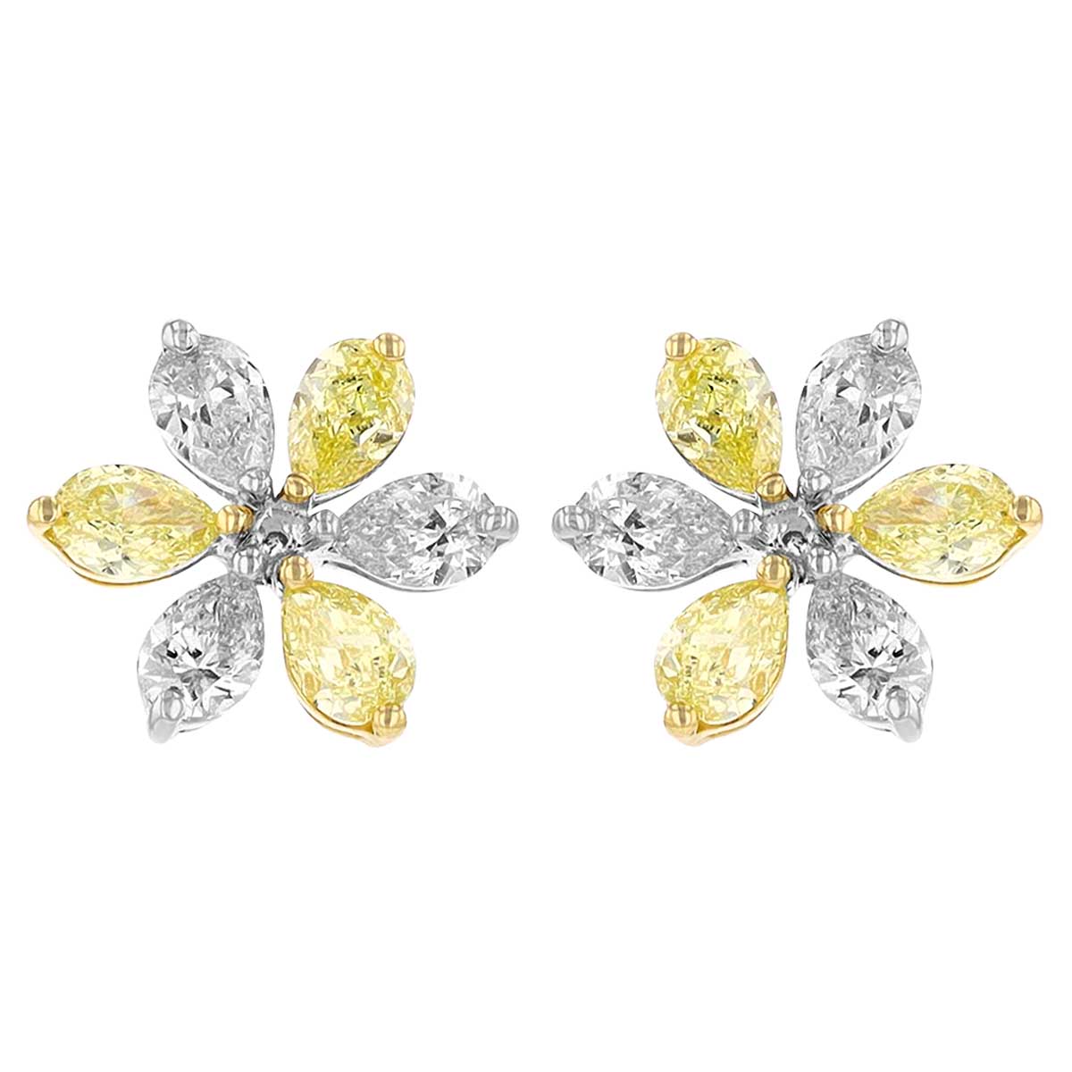 Frederic Sage Pear Shaped Yellow & White Diamond Flower Stud Earrings in Yellow & White Gold