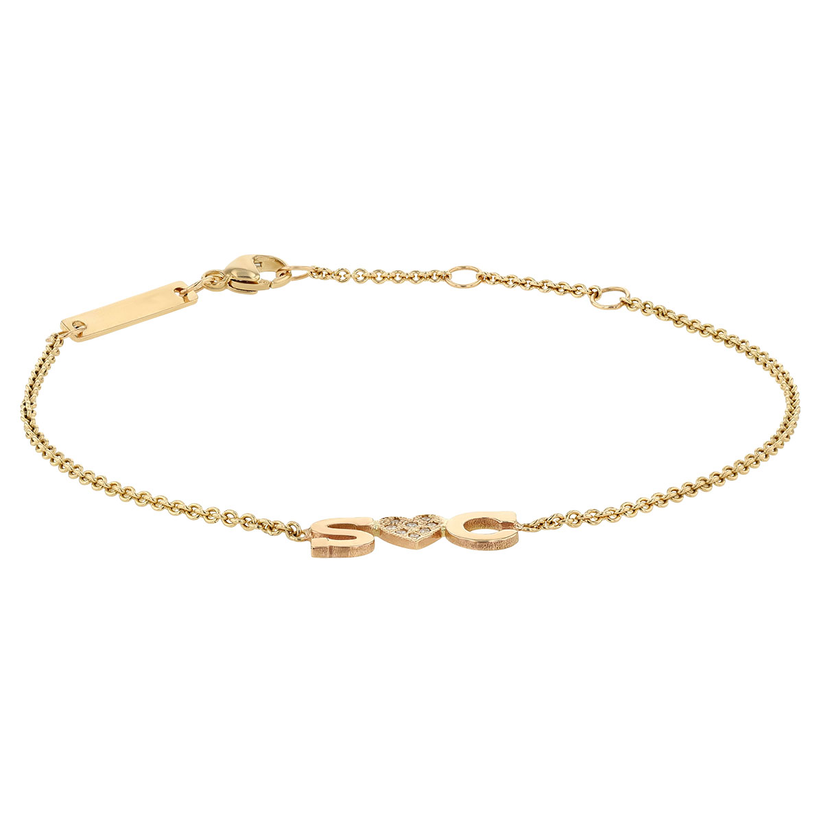 Zoe Chicco 2 Initial Letter & Pave Diamond Heart Bracelet in Yellow Gold, 7