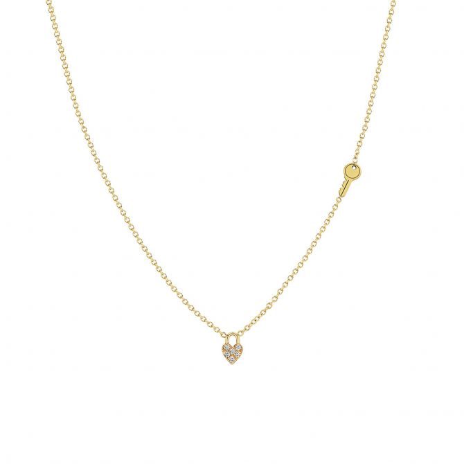Zoe Chicco Itty Bitty Pave Diamond Heart Padlock & Key Necklace in Yellow Gold, 16"