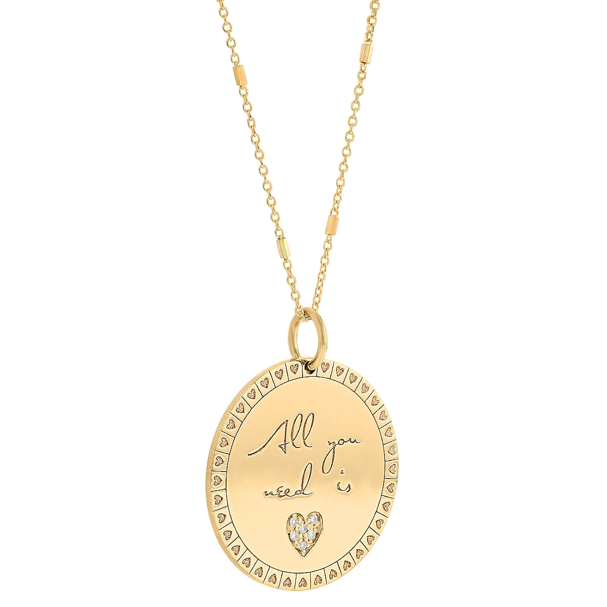 Zoe Chicco Diamond All You Need is Love Mantra Medallion Pendant in Yellow Gold, 20