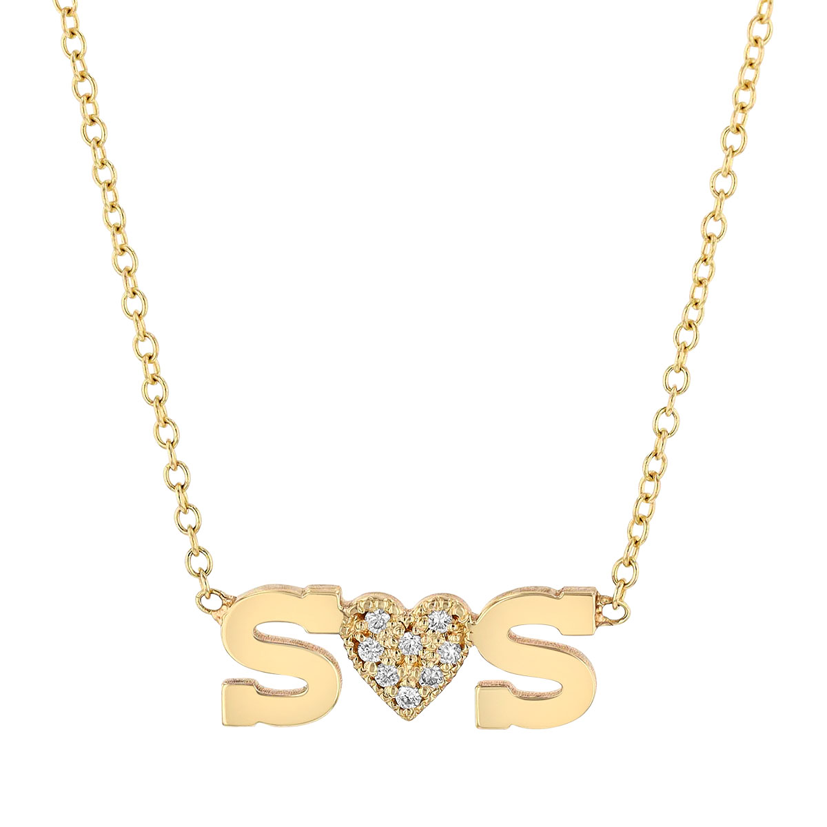 Zoe Chicco 2 Initial Letter & Pave Diamond Heart Necklace in Yellow Gold, 16