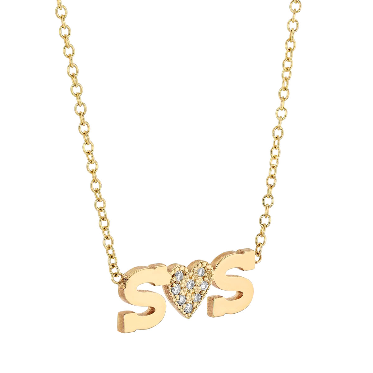 Zoe Chicco 2 Initial Letter & Pave Diamond Heart Necklace in Yellow Gold, 16