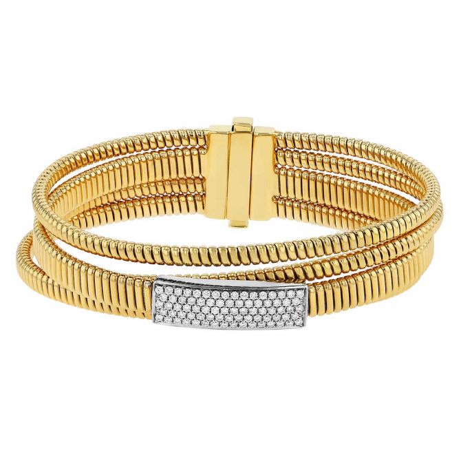 Diamond Pave 4 Band Crossover Coil Bracelet in Yellow & White Gold