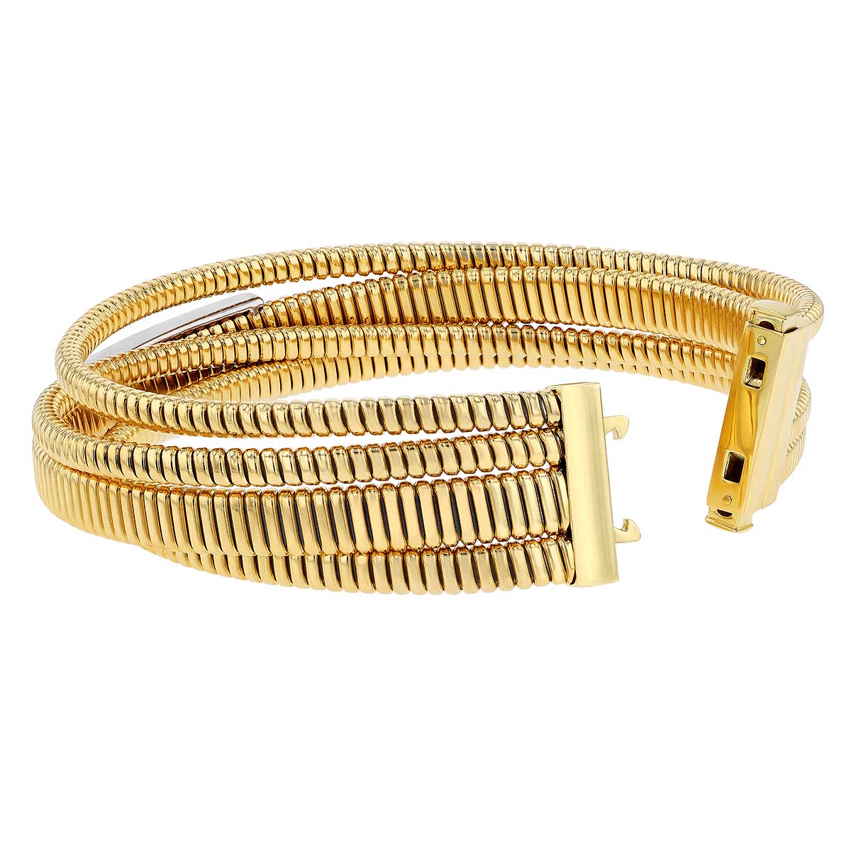 Diamond Pave 4 Band Crossover Coil Bracelet in Yellow & White Gold