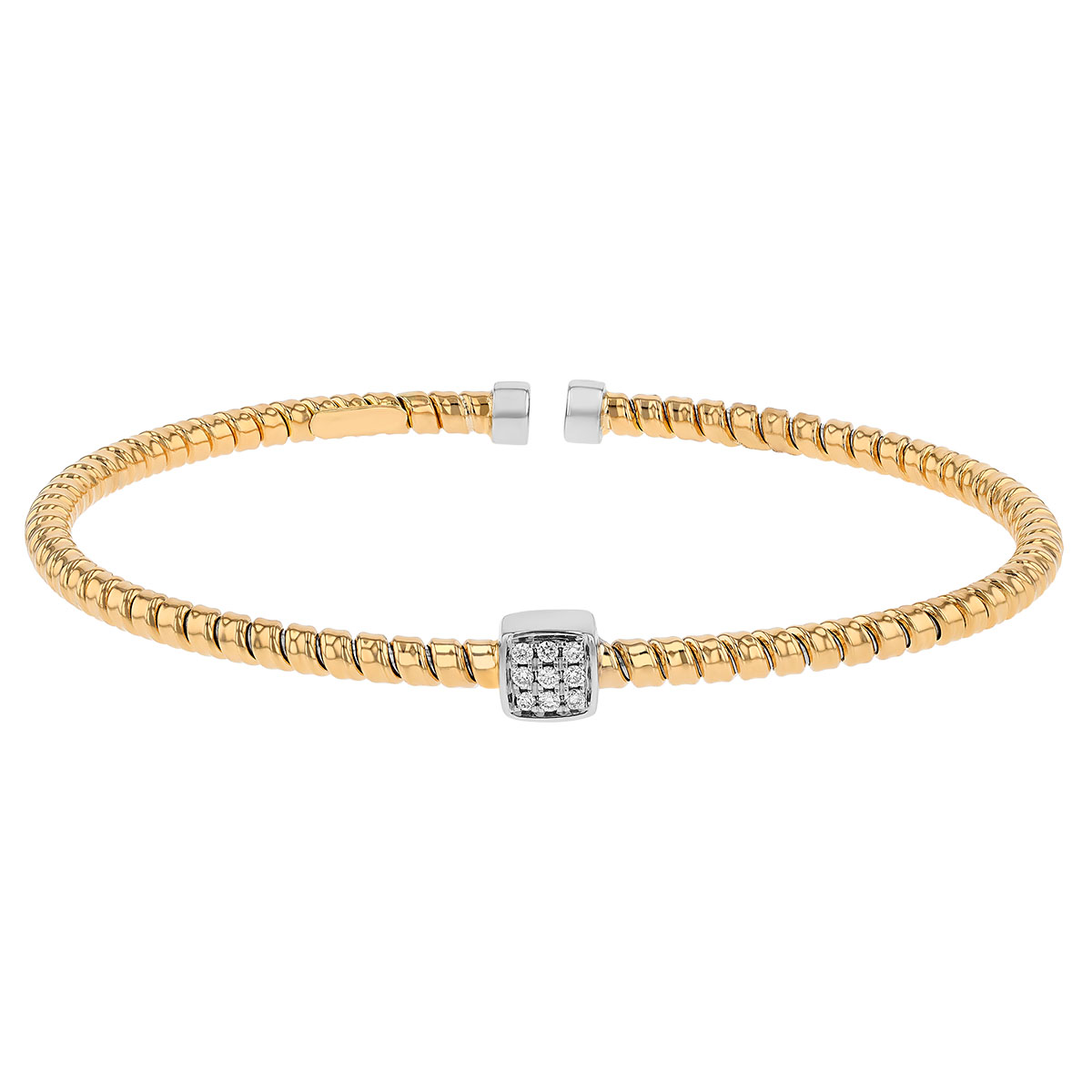 Diamond Pave Square Coil Bangle Bracelet in Yellow & White Gold