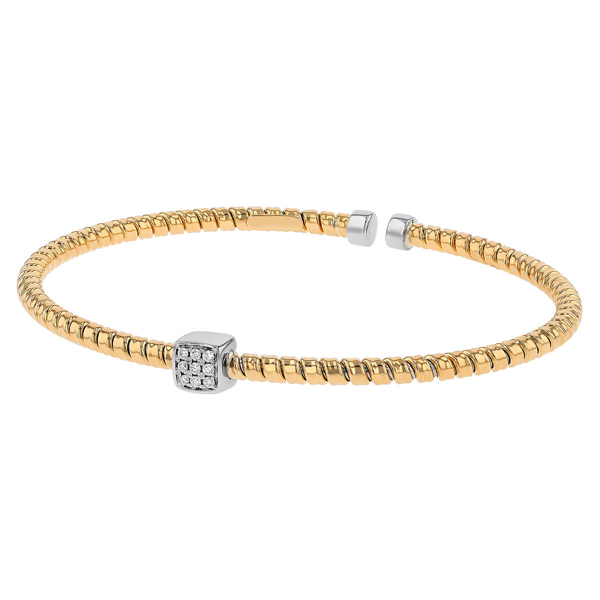 Diamond Pave Square Coil Bangle Bracelet in Yellow & White Gold