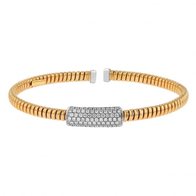 Diamond Pave Rounded Rectangle Coil Bracelet in Yellow & White Gold