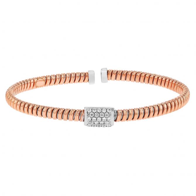 Diamond Pave Rectangle Coil Bangle Bracelet in Rose & White Gold