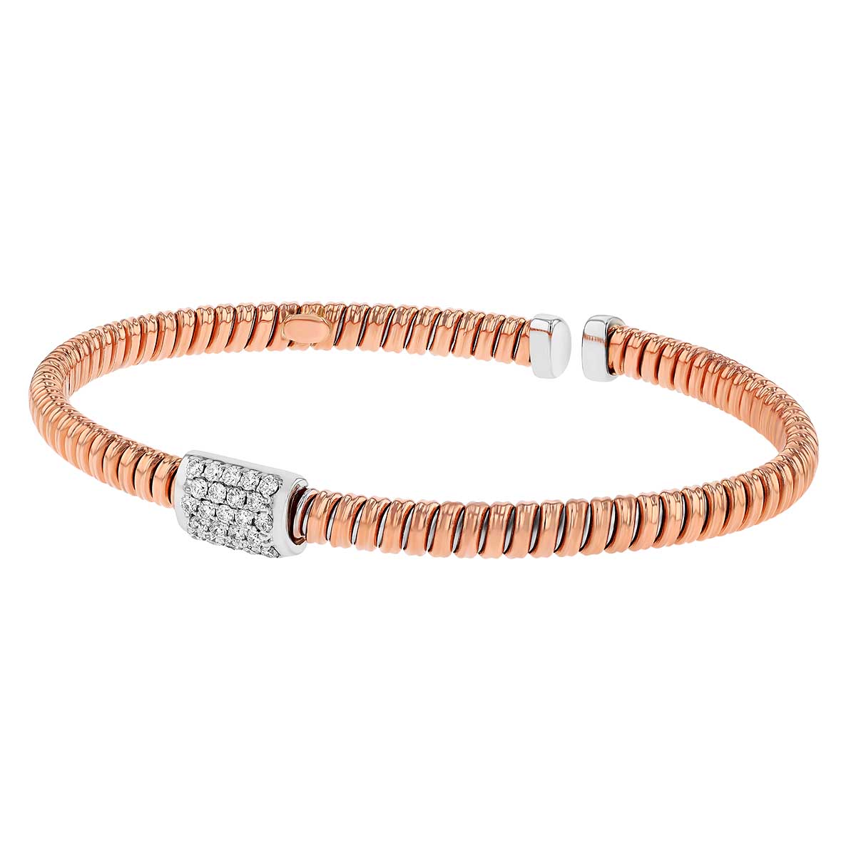 Diamond Pave Rectangle Coil Bangle Bracelet in Rose & White Gold