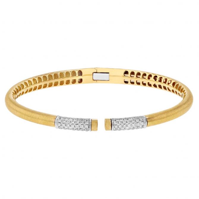 Diamond Pave Double Rondelle Hinged Bangle Bracelet in Yellow & White Gold