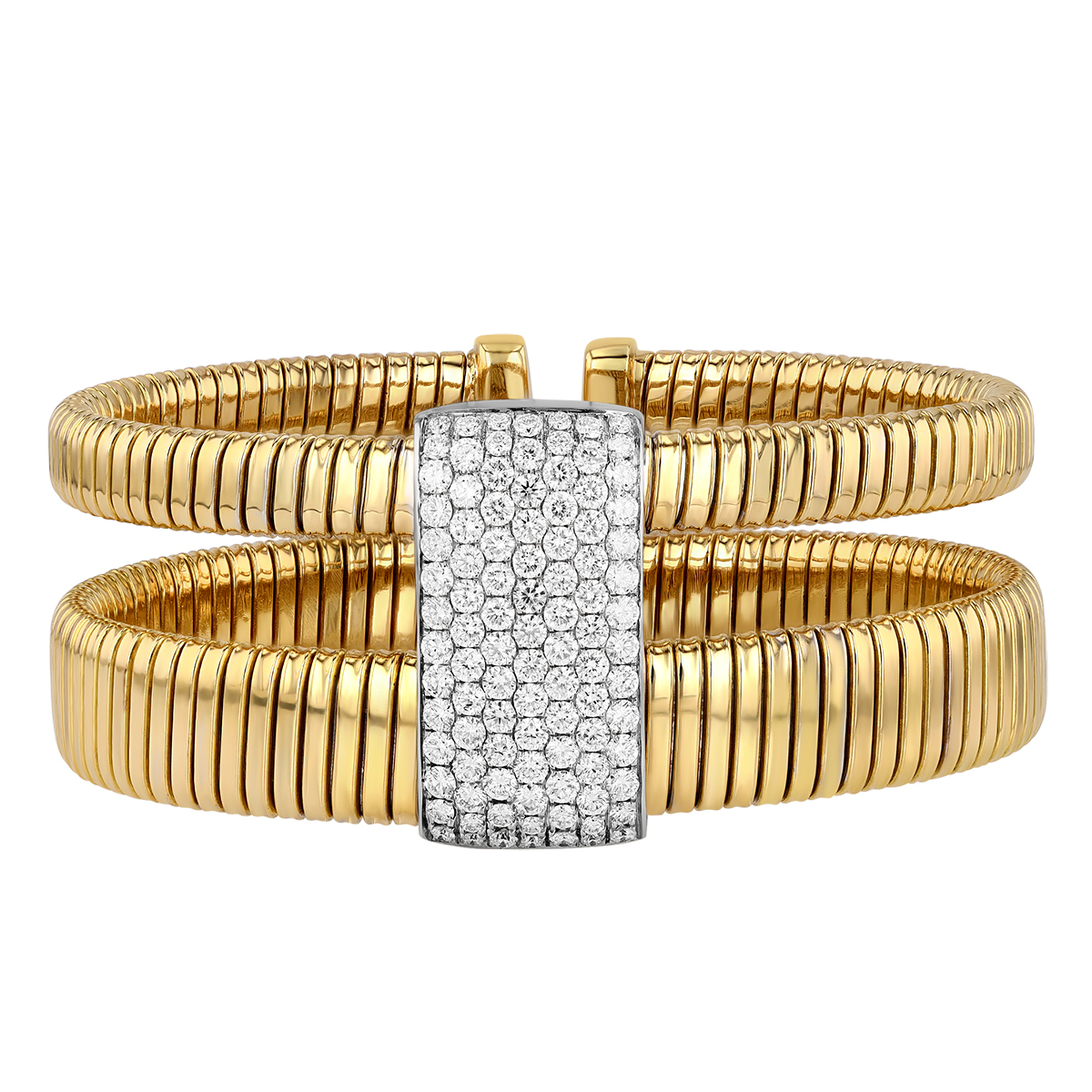 Diamond Pave Rectangle & Double Coil Bangle Bracelet in Yellow & White Gold