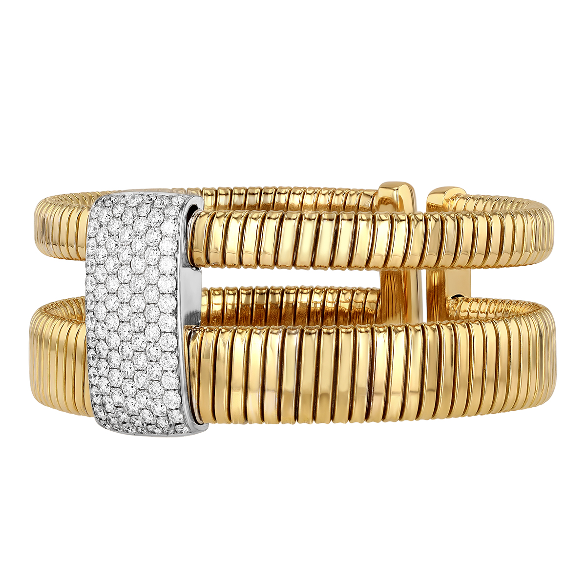 Diamond Pave Rectangle & Double Coil Bangle Bracelet in Yellow & White Gold