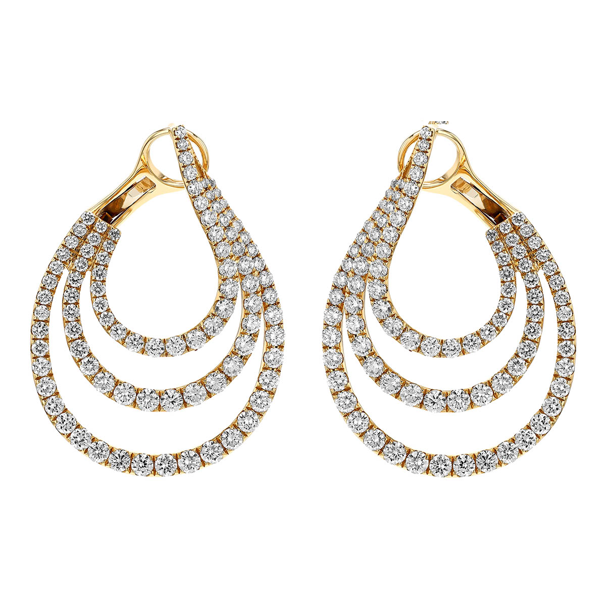 Diamond 3 Row Front-to-Back Curved Earrings in Yellow Gold