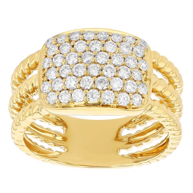 Diamond Pave Square 3 Row Twisted Band Ring in Yellow Gold