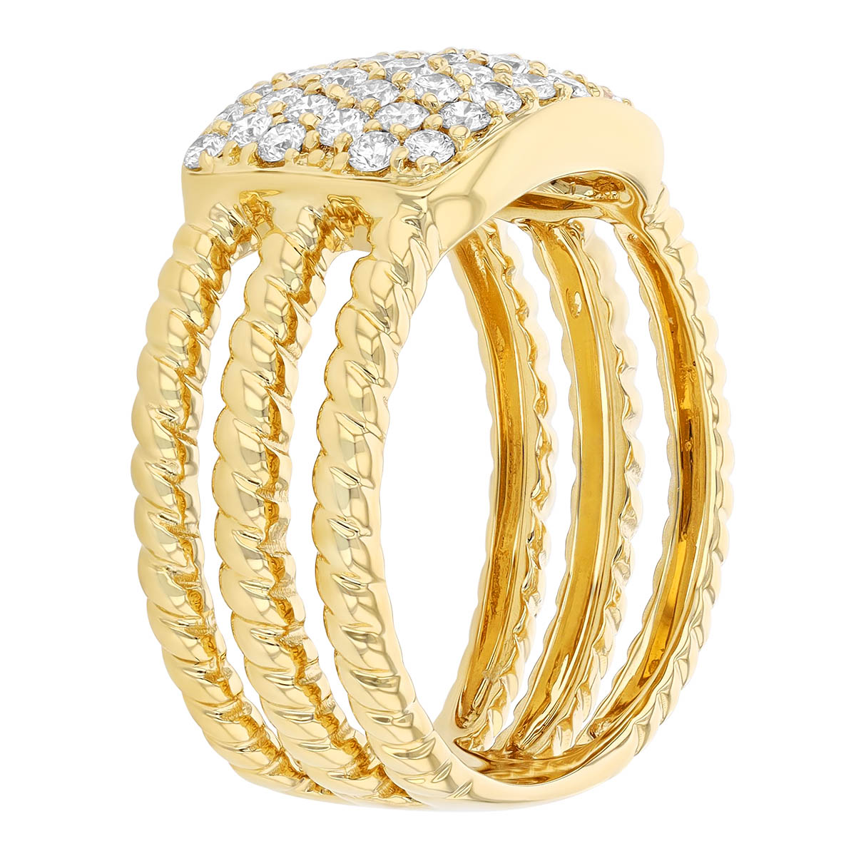 Diamond Pave Square 3 Row Twisted Band Ring in Yellow Gold