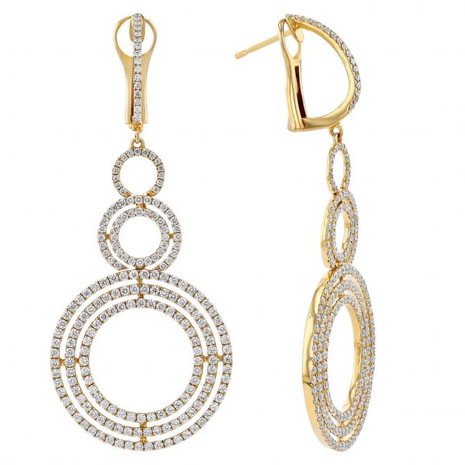 Diamond Pave Triple Circle Dangle Earrings in Yellow Gold