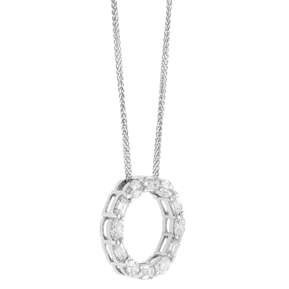 J.B. Star Emerald Cut & Oval Open Circle Pendant in Platinum, 18