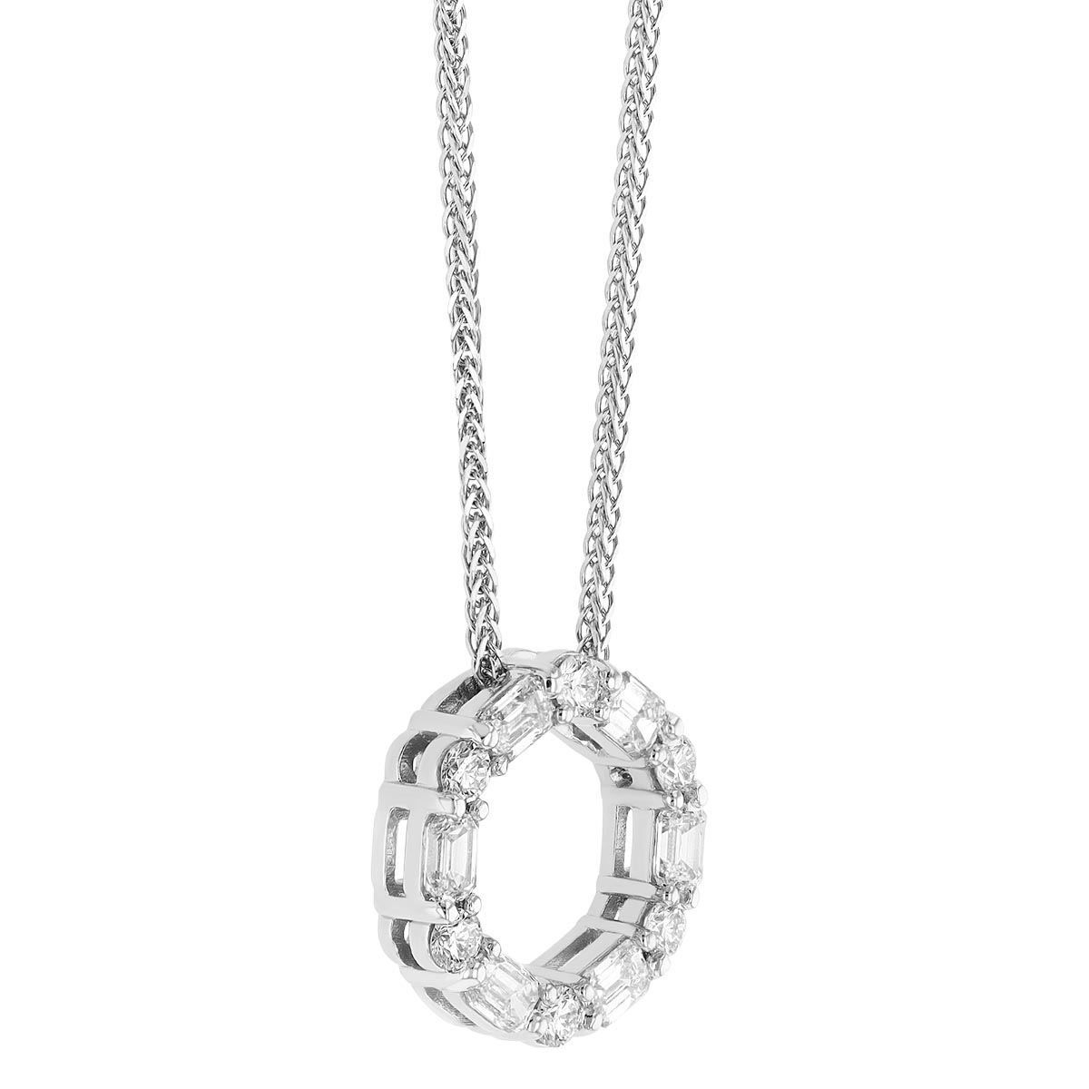 J.B. Star Emerald Cut & Round Open Circle Pendant in Platinum, 18