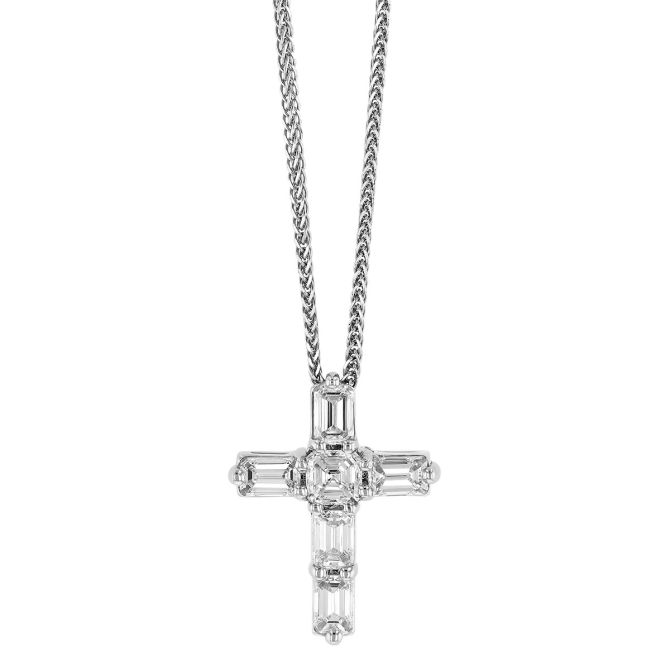 J.B. Star Asscher & Emerald Cut Diamond Cross Pendant in Platinum, 18"