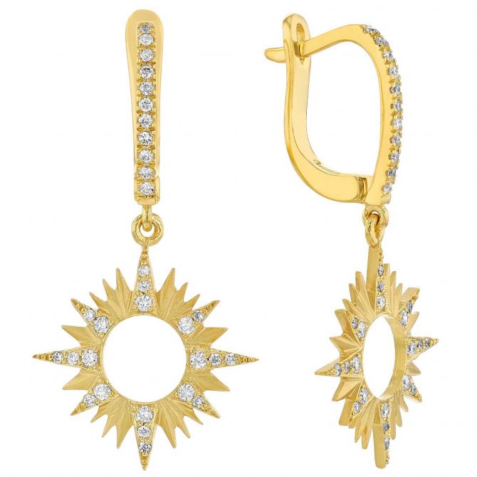 Marika Diamond Open Sunburst Dangle Earrings in Yellow Gold