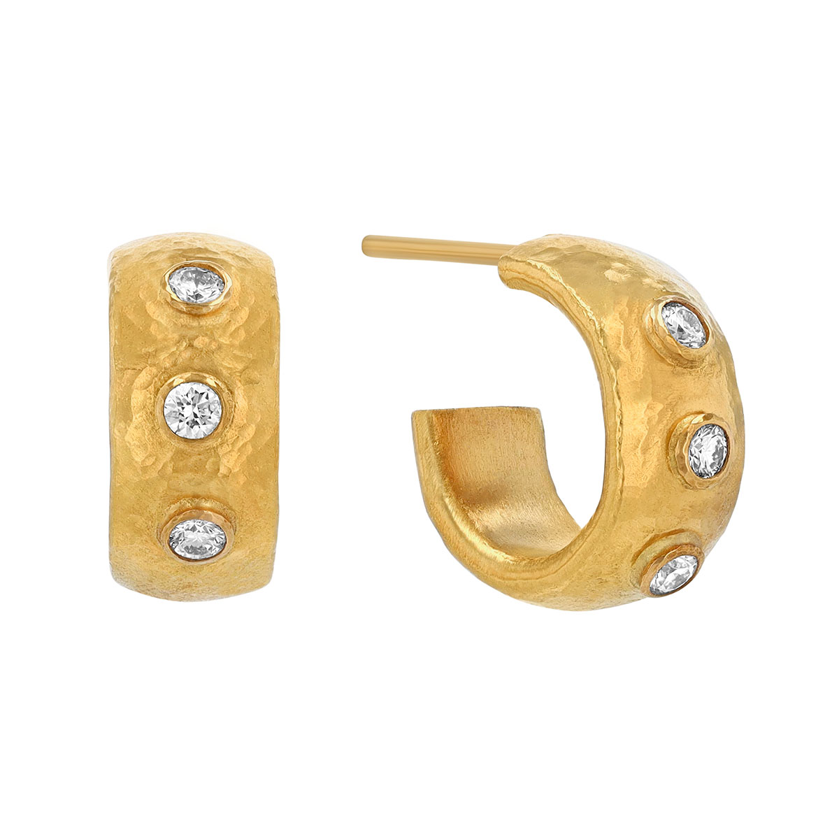 Gurhan Bezel Set Diamond Station Hoop Earrings in Hammered Yellow Gold