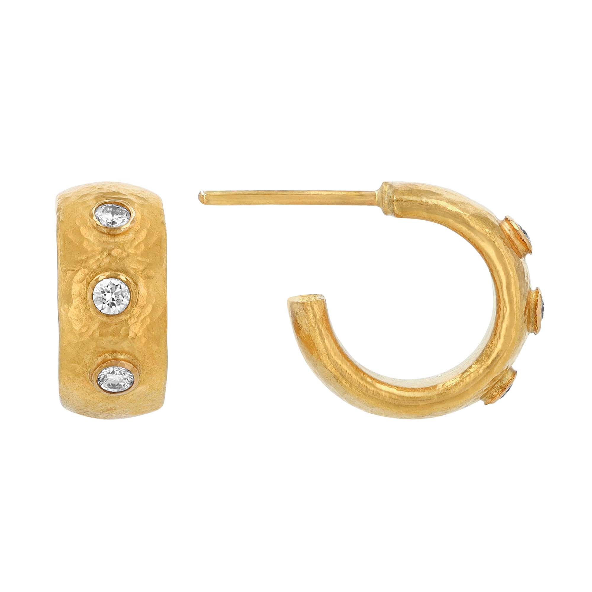 Gurhan Bezel Set Diamond Station Hoop Earrings in Hammered Yellow Gold