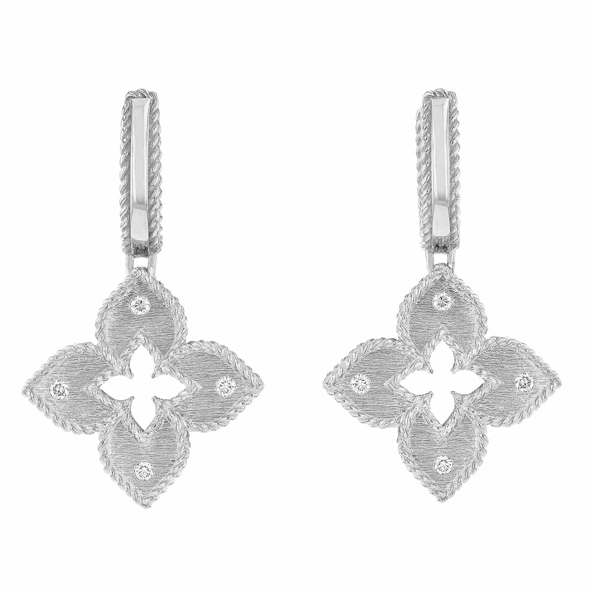 Roberto Coin Venetian Princess White Gold Flower Dangle Hoop Earrings with Diamond Accents