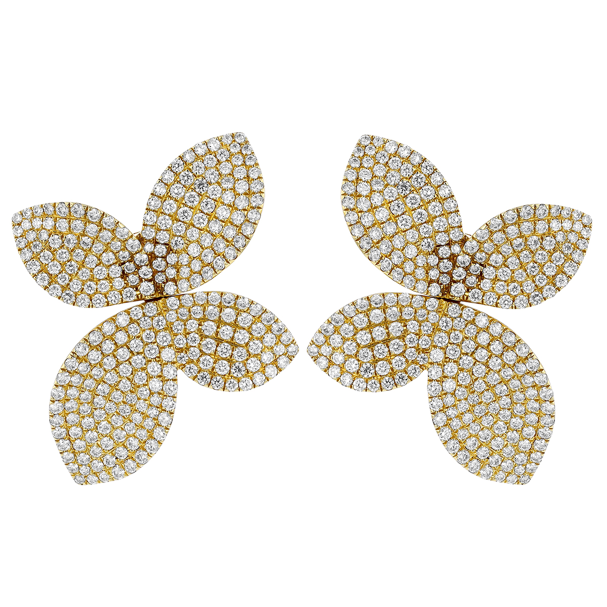 Diamond Pave Four Petal Flower Stud Earrings in Yellow Gold