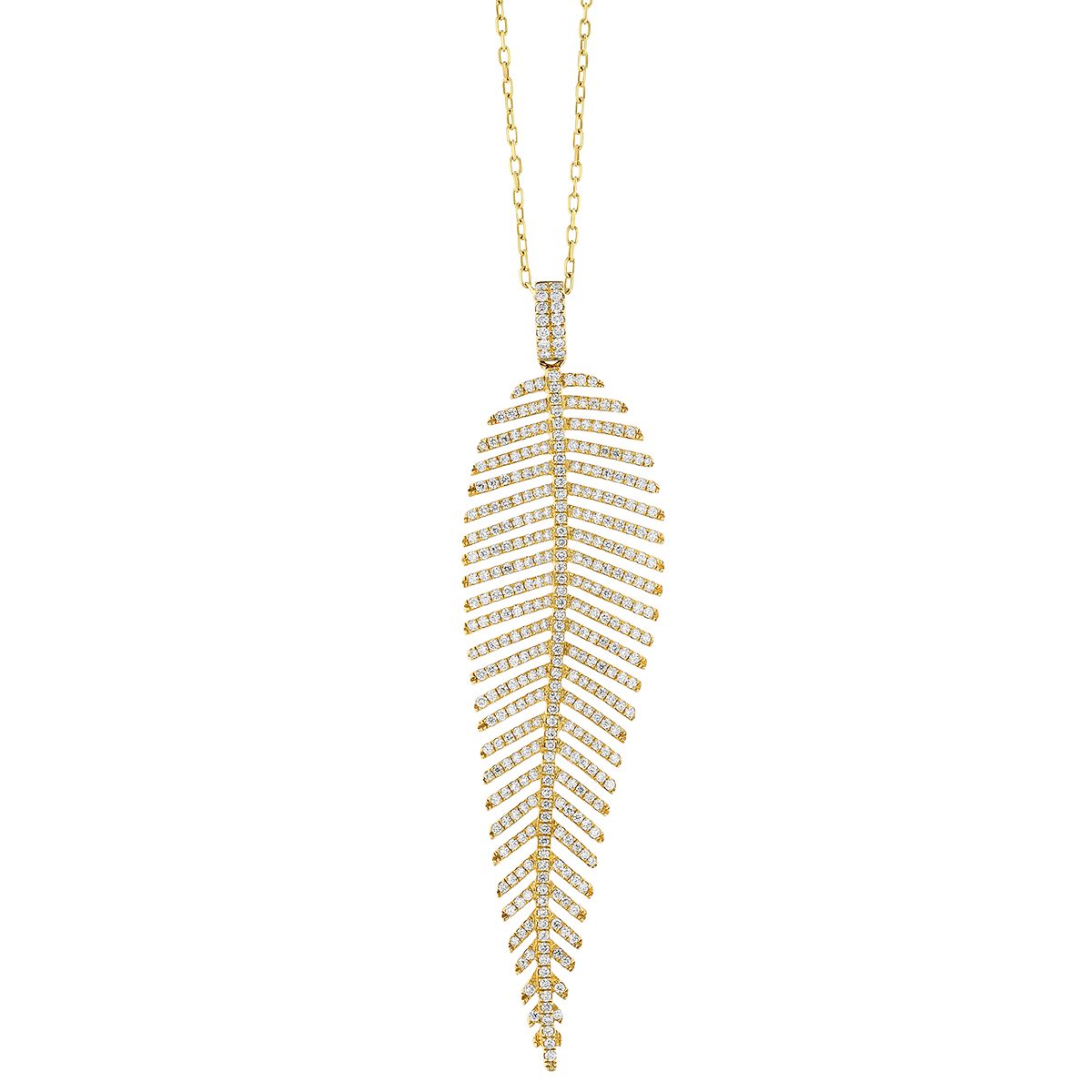Diamond Pave Large Feather Pendant in Yellow Gold, 18
