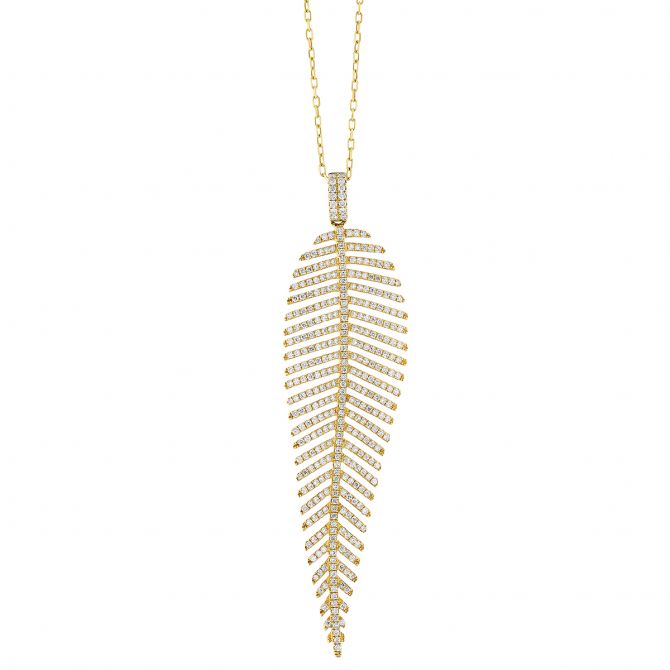 Diamond Pave Large Feather Pendant in Yellow Gold, 18"