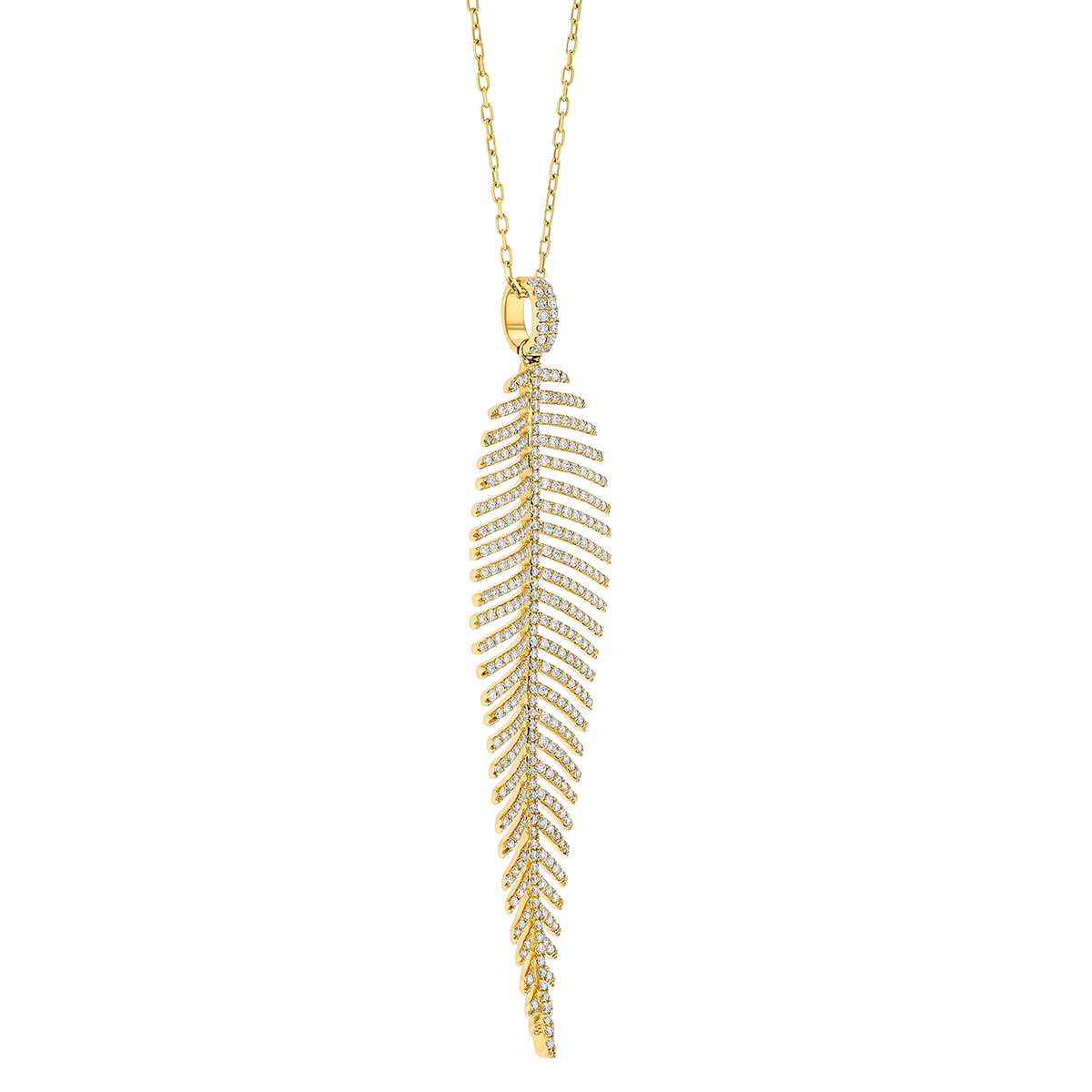 Diamond Pave Large Feather Pendant in Yellow Gold, 18