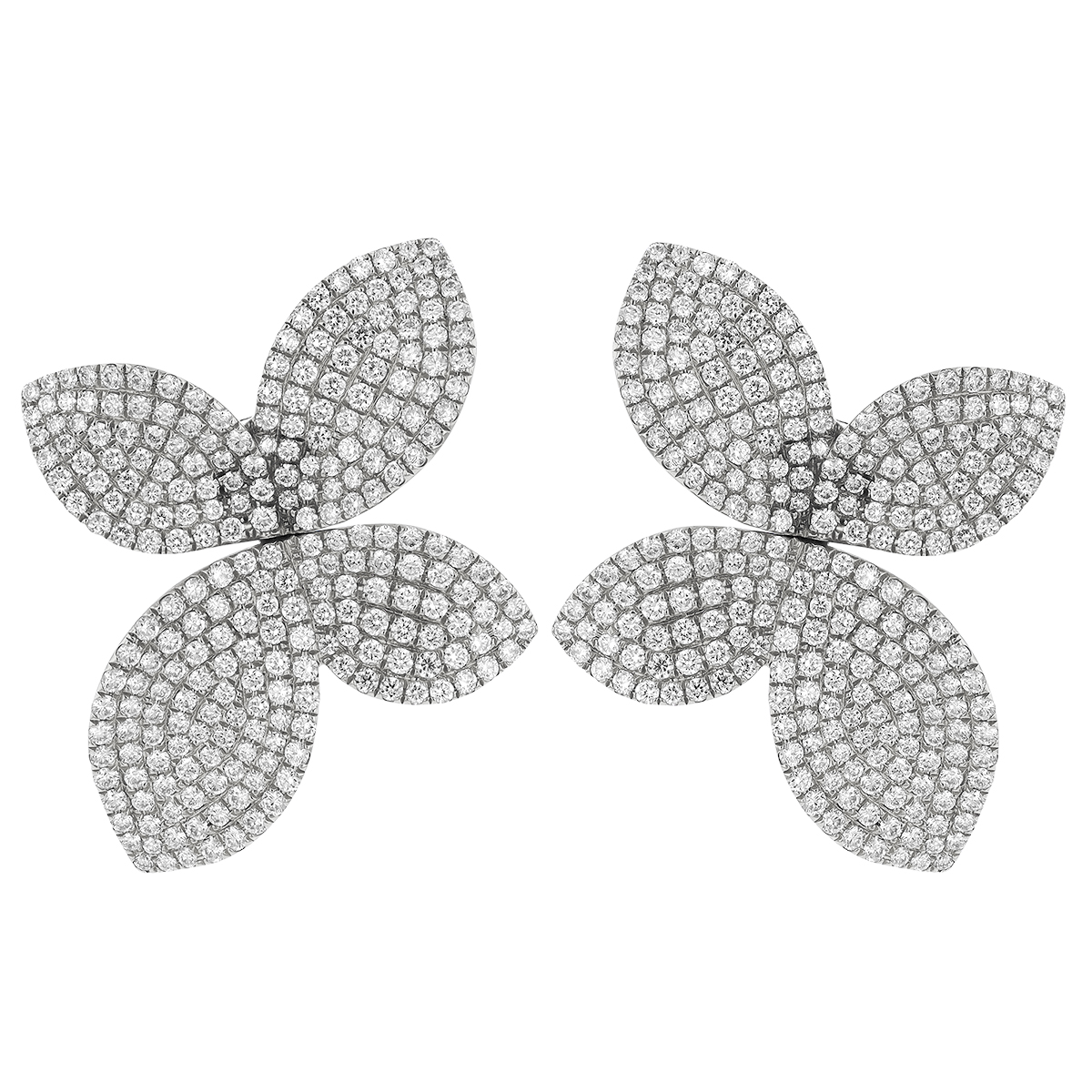 Diamond Pave Four Petal Flower Stud Earrings in White Gold