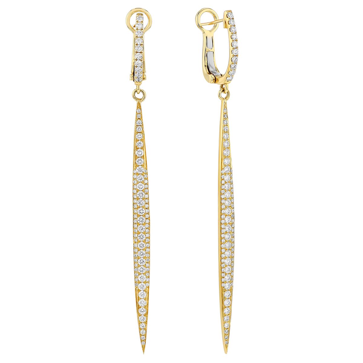 Diamond Pave Long Tapered Vertical Bar Dangle Hoop Earrings in Yellow Gold