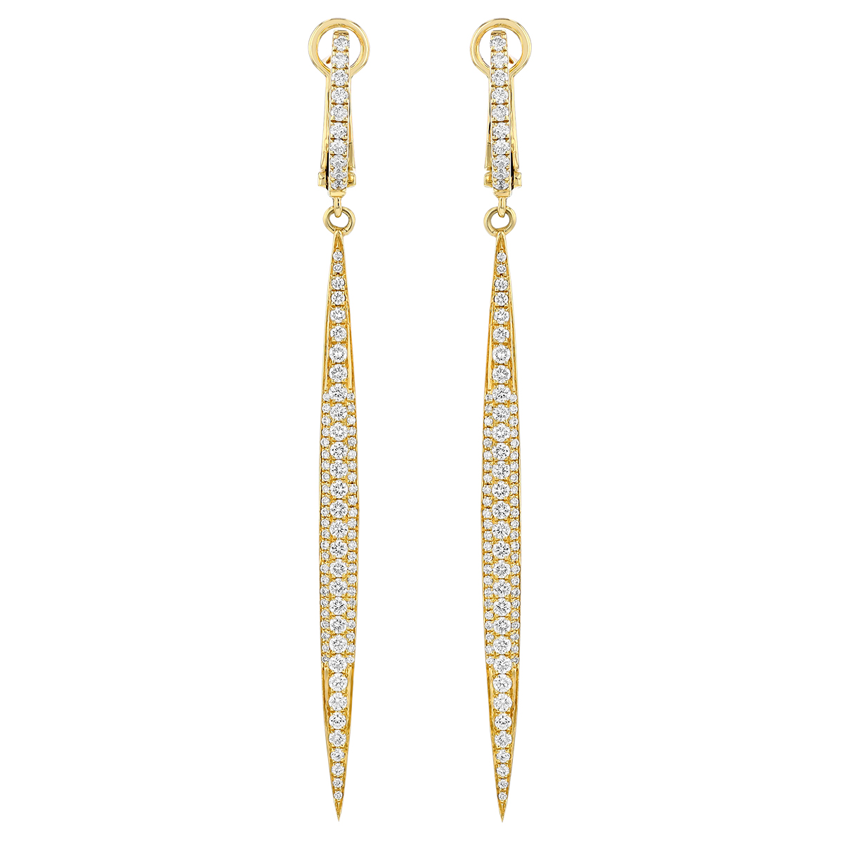 Diamond Pave Long Tapered Vertical Bar Dangle Hoop Earrings in Yellow Gold